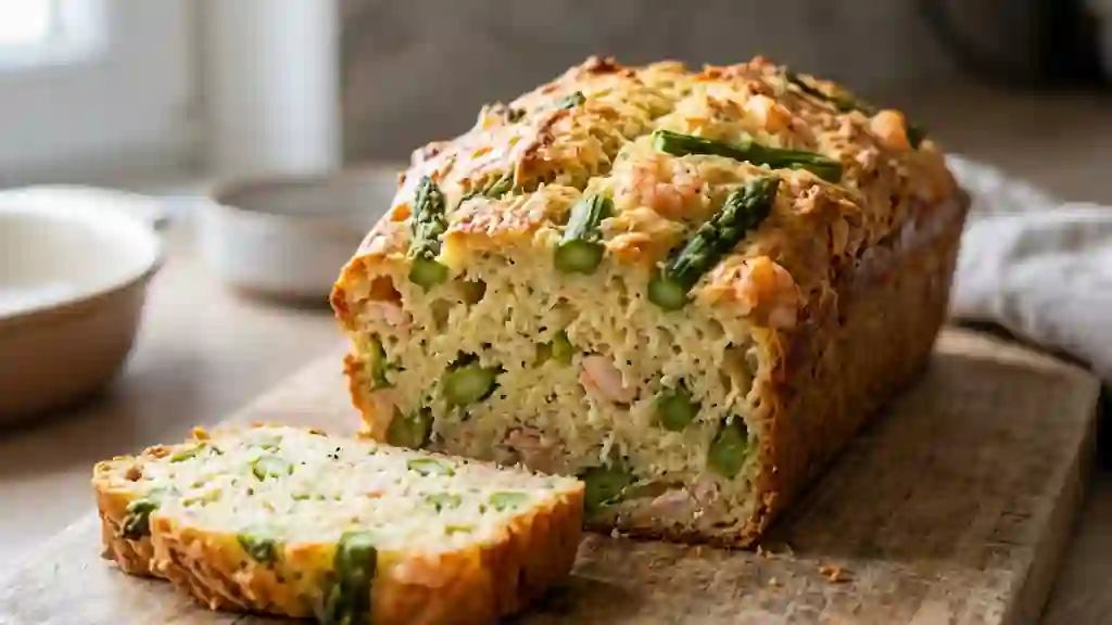Cake moelleux asperges vertes et crevettes - Photo de présentation