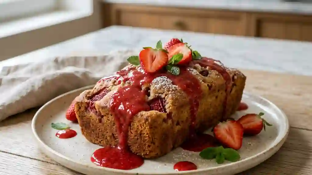 Cake fondant aux fraises et coulis intense - Photo de présentation