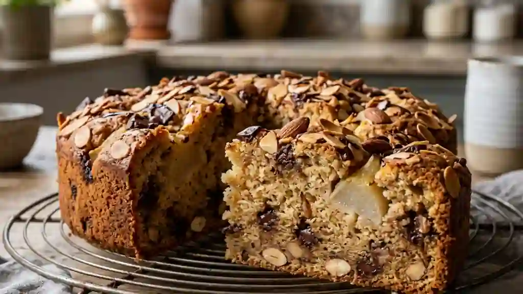 Cake fondant poire, chocolat et amandes entières - Photo de présentation