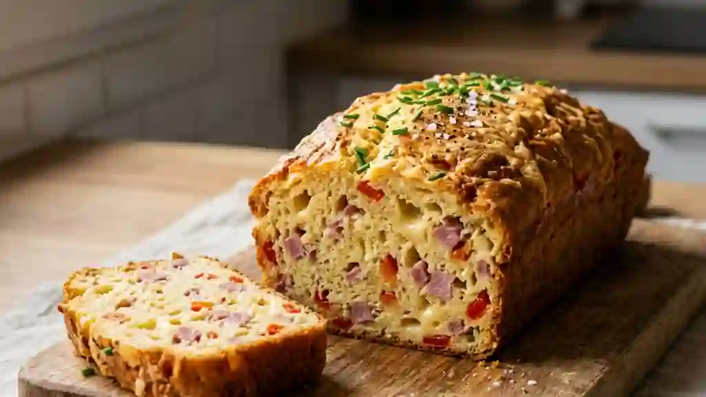 Cake salé moelleux jambon, fromage et poivron - Photo de présentation