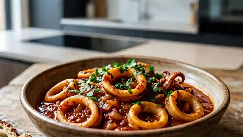 Calamars fondants à la sauce tomate épicée - Photo de présentation