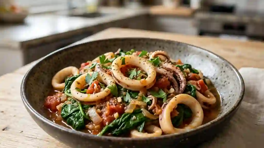 Calamars fondants aux épinards et tomate - Photo de présentation