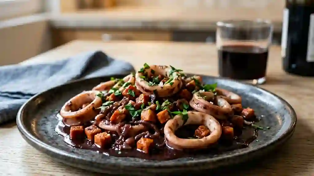 Calamars fondants au chorizo et vin rouge - Photo de présentation