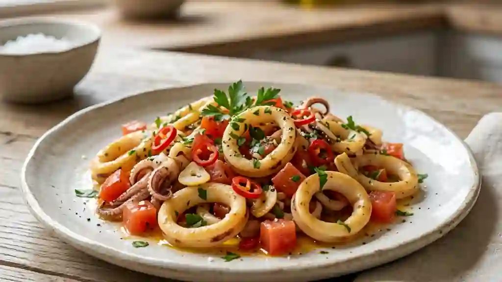 Calamars Snackés au Piment et Tomates Fondantes - Photo de présentation