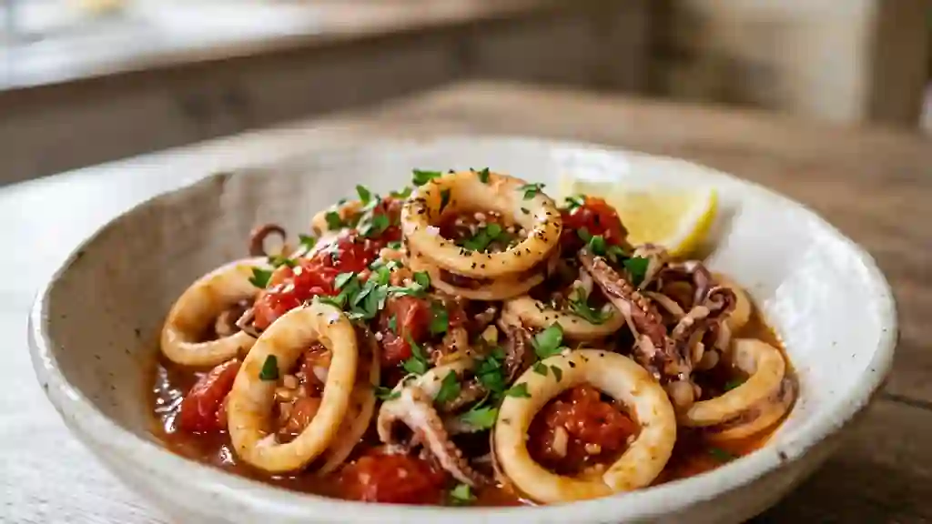 Calmars fondants à la provençale et ail doré - Photo de présentation