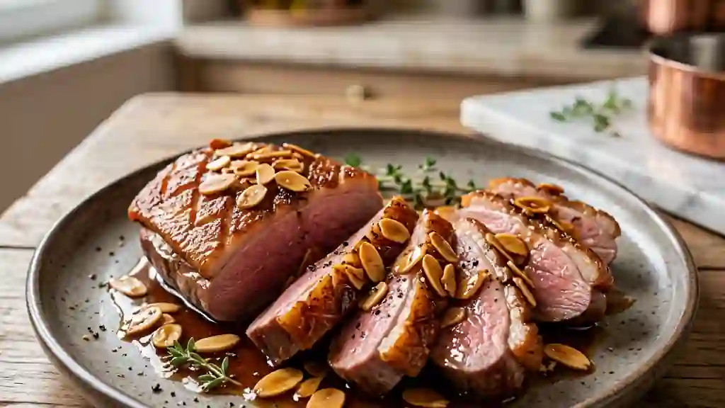 Magret de canard laqué au miel et amandes croquantes - Photo de présentation
