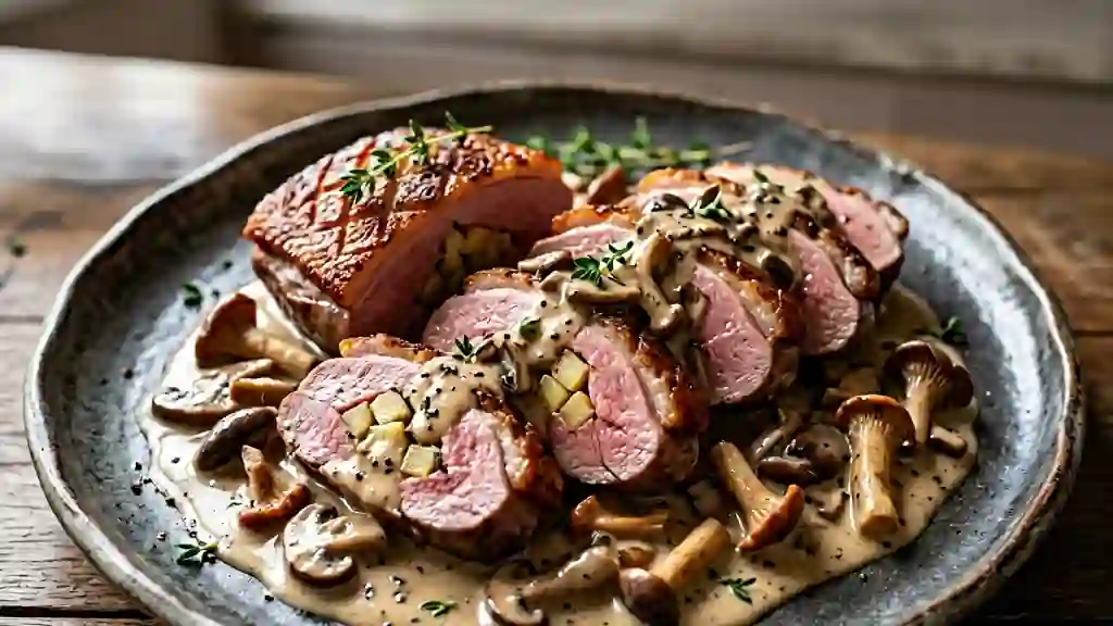 Magret de canard farci, sauce forestière crémeuse - Photo de présentation