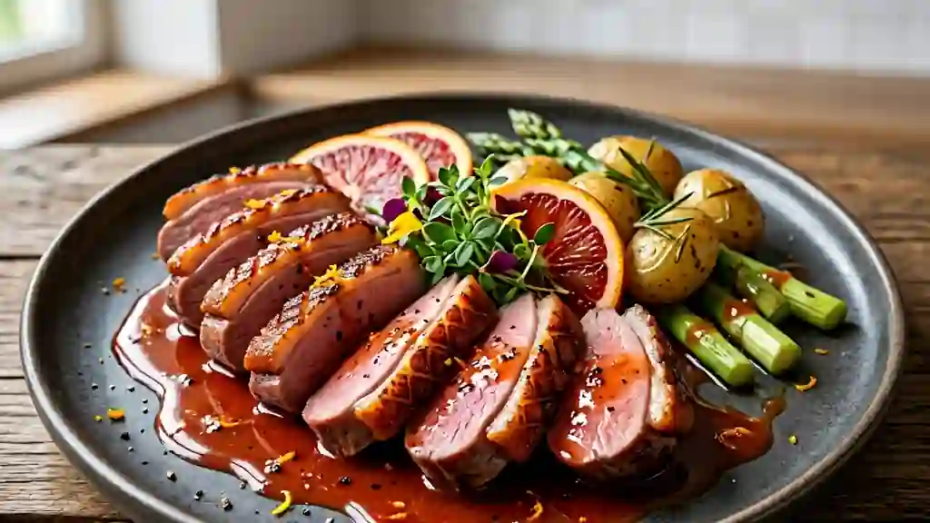 Magret à l'orange sanguine, sauce sirupeuse - Photo de présentation
