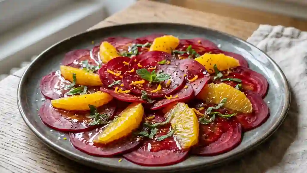 Betteraves en carpaccio, miel et fraîcheur d'orange - Photo de présentation