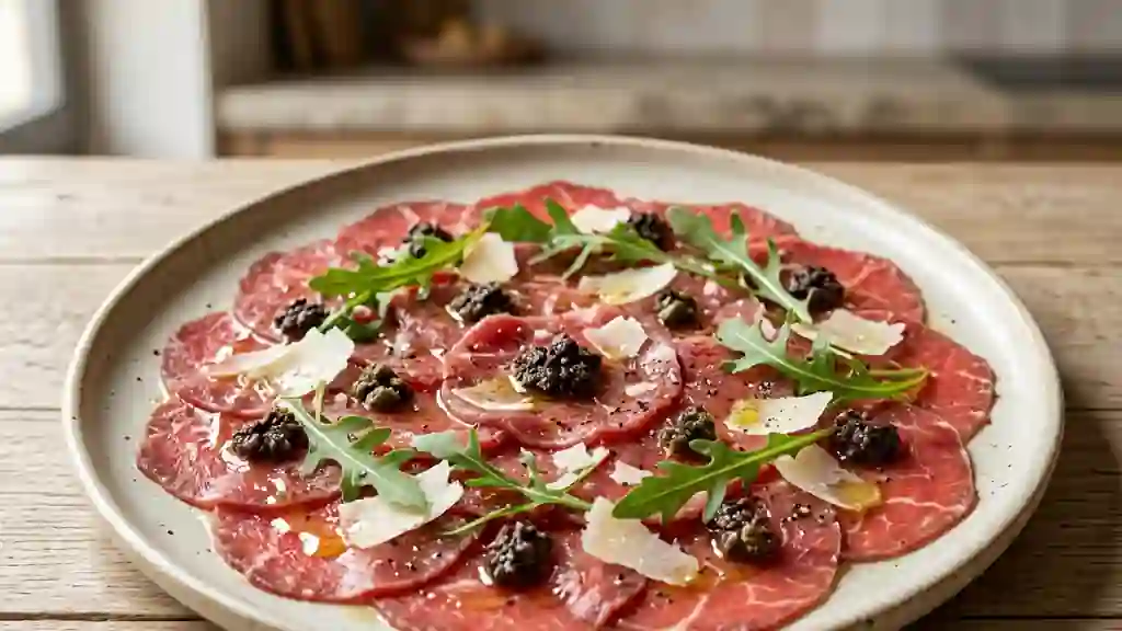 Carpaccio de bœuf fondant, tapenade et parmesan - Photo de présentation