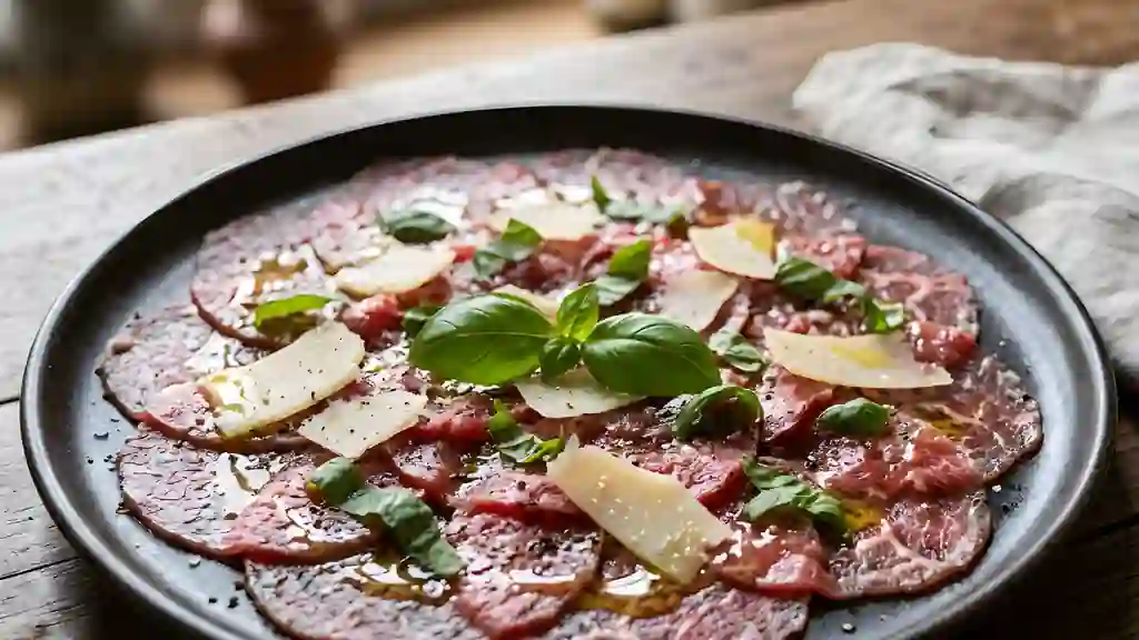 Carpaccio de bœuf soyeux, basilic et parmesan - Photo de présentation