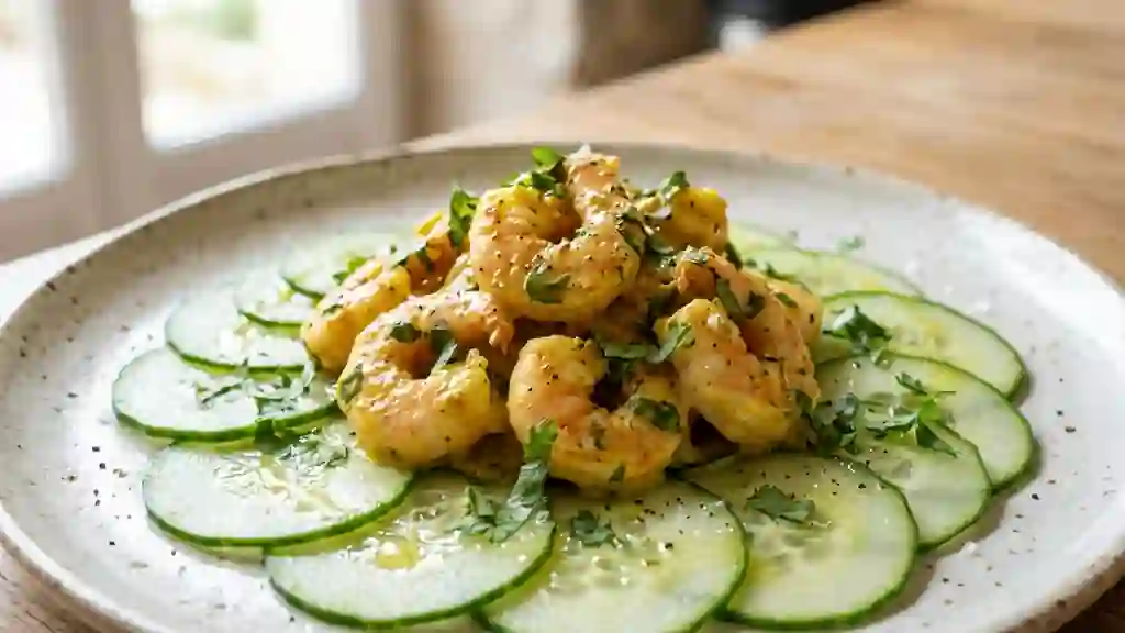 Concombre croquant et crevettes au curry frais - Photo de présentation