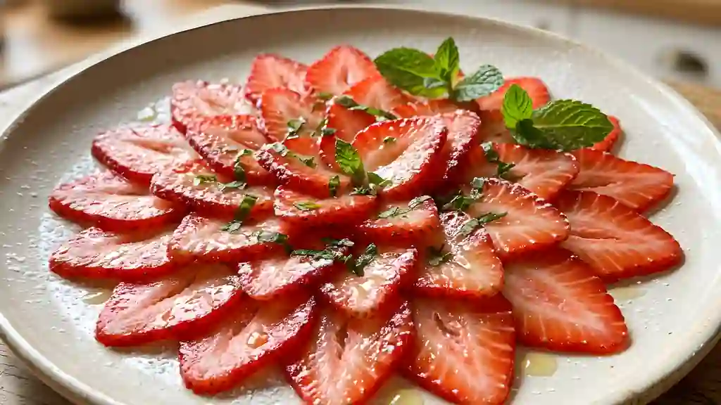 Carpaccio de fraises fondant et menthe fraîche - Photo de présentation