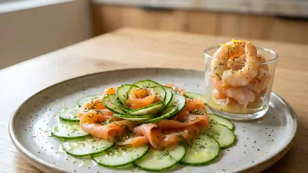 Carpaccio de saumon, concombre et crevettes - Photo de présentation