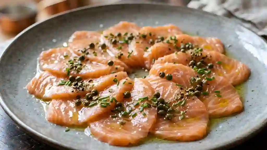 Carpaccio de saumon soyeux au poivre vert - Photo de présentation
