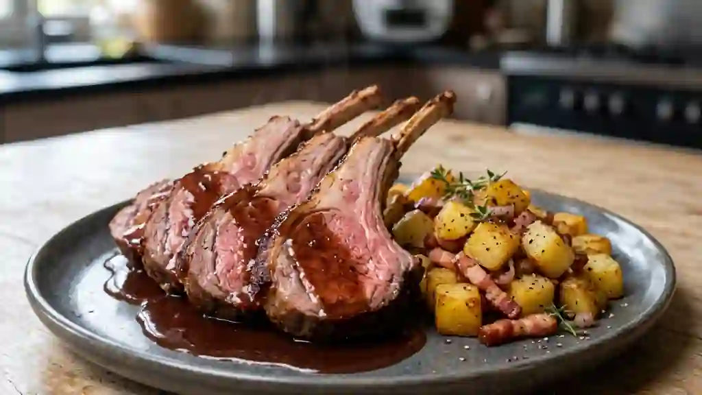 Carré d'agneau au porto et pommes lardées - Photo de présentation