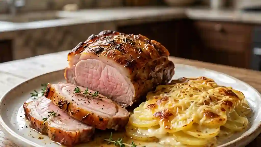 Carré de porc juteux et son gratin crémeux - Photo de présentation