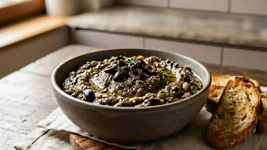 Caviar d'aubergines fumé aux olives noires - Photo de présentation