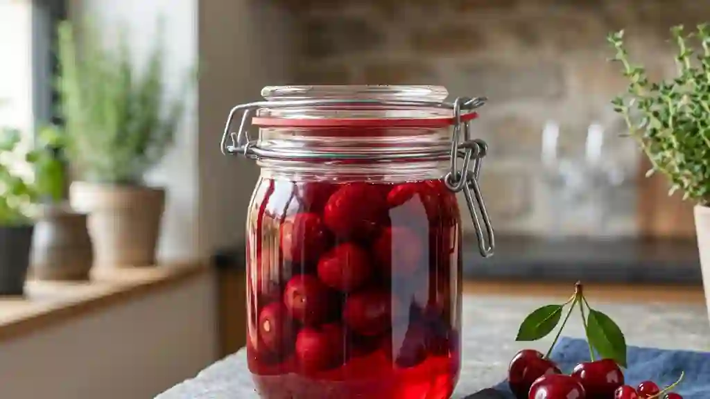 Cerises charnues au sirop acidulé de groseille - Photo de présentation