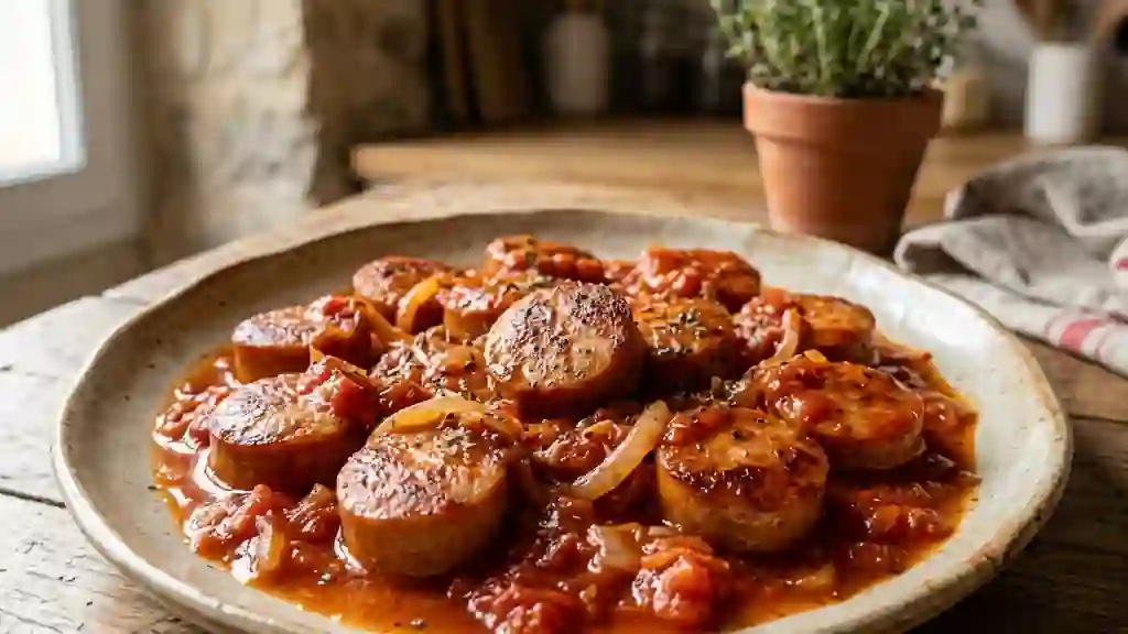 Cervelas grillé et sa sauce tomate confite - Photo de présentation