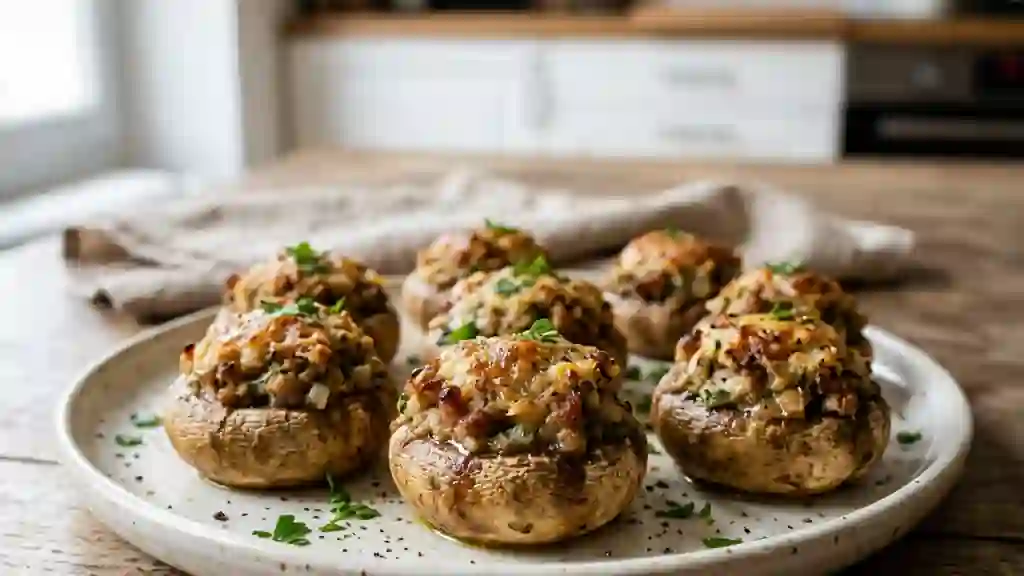 Champignons farcis à la chair à saucisse grillés - Photo de présentation