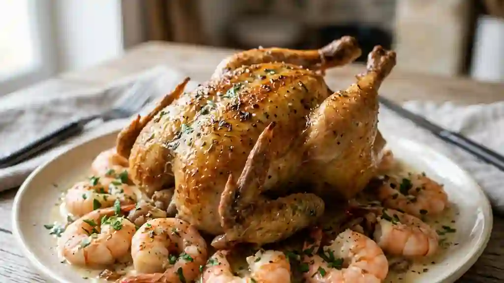 Chapon aux gambas, sauce onctueuse au vin blanc - Photo de présentation