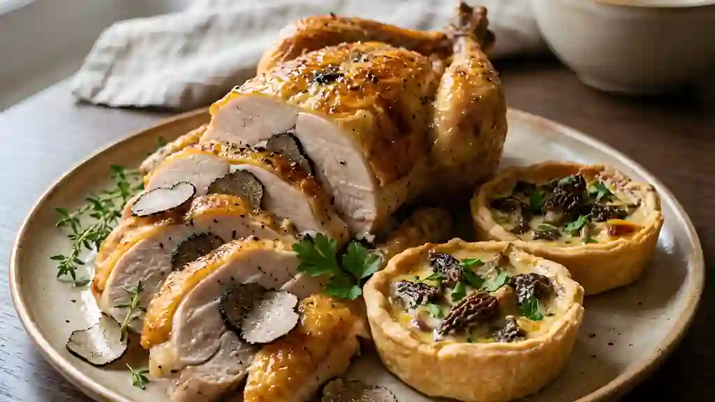 Chapon truffé et tartelettes crémeuses aux morilles - Photo de présentation