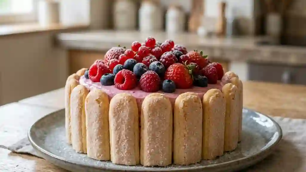 Charlotte fondante aux fruits rouges et nuage blanc - Photo de présentation