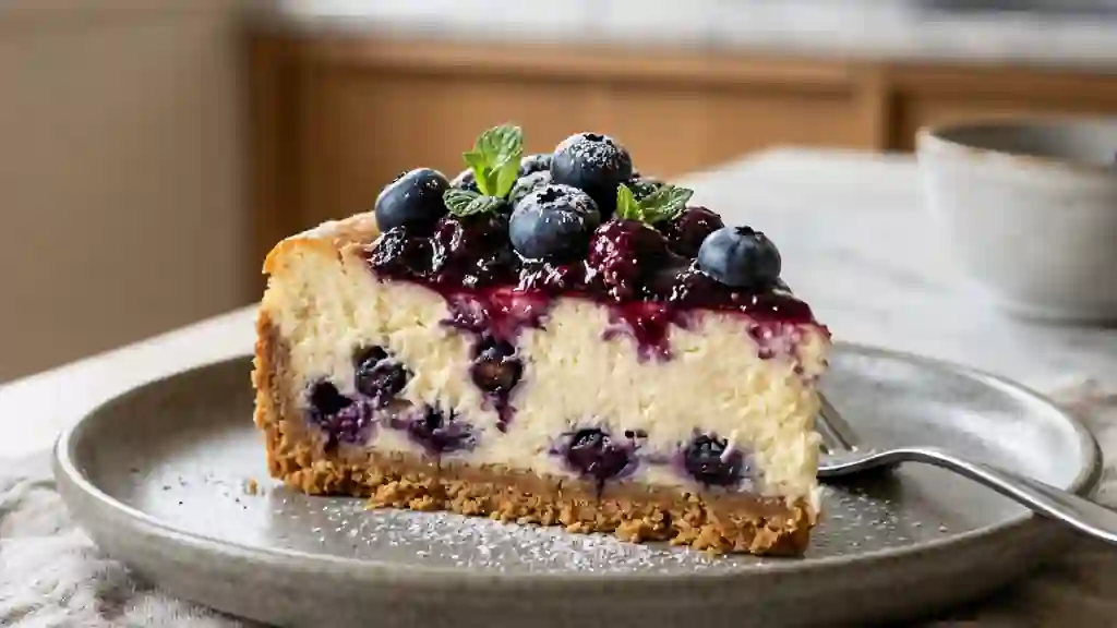 Cheesecake onctueux et myrtilles acidulées - Photo de présentation