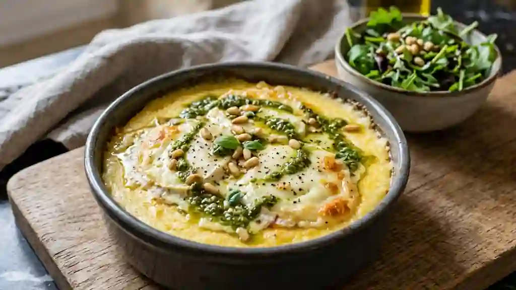 Chèvre fondant sur lit de polenta au pesto - Photo de présentation