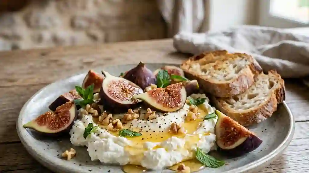 Chèvre frais, figues fondantes et éclats de noix - Photo de présentation