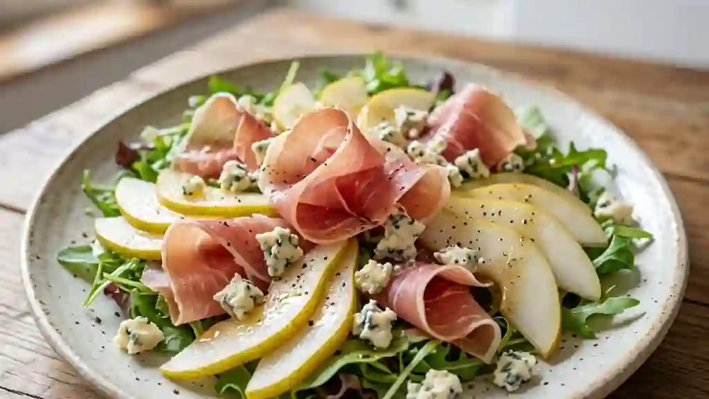 Salade au jambon cru, poires et Roquefort fondant - Photo de présentation