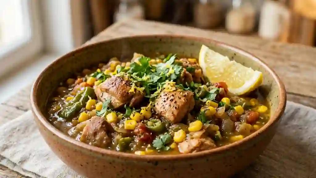 Chili verde au poulet, citron et maïs croquant - Photo de présentation