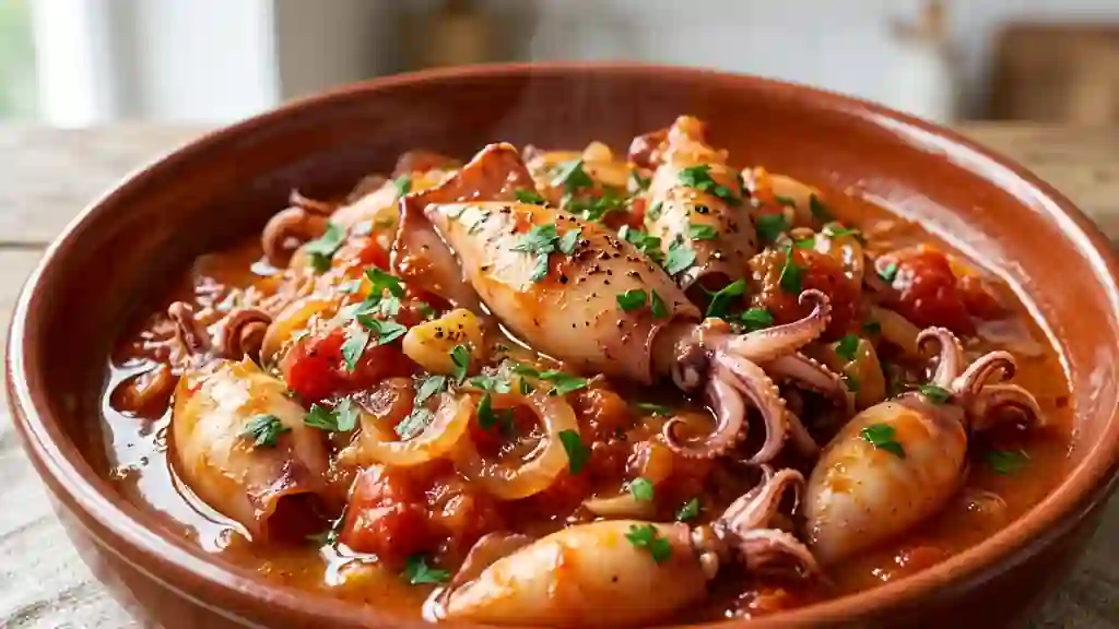 Chipirons fondants à la tomate et vin blanc - Photo de présentation