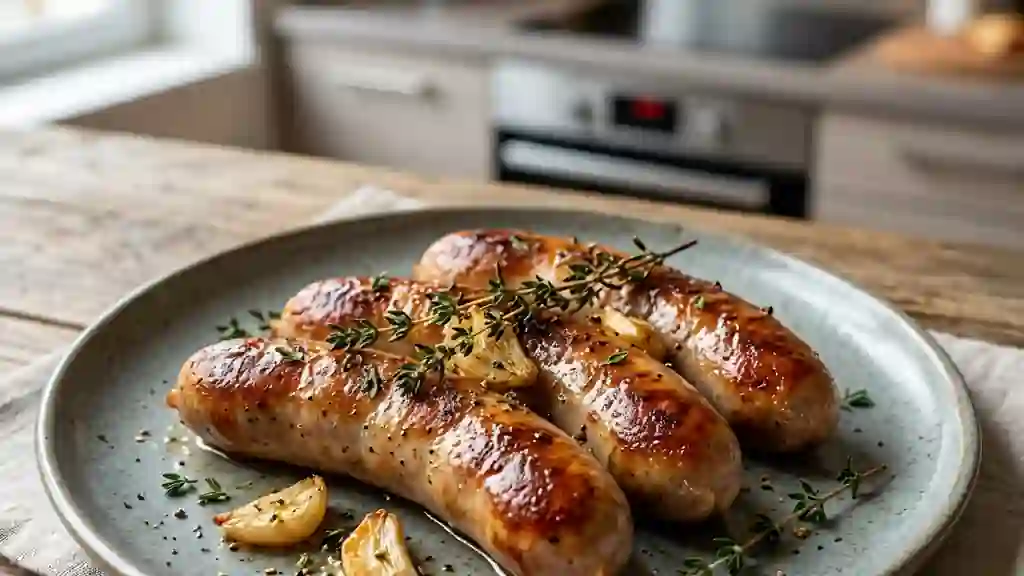Chipolatas dorées, ail et thym frais - Photo de présentation