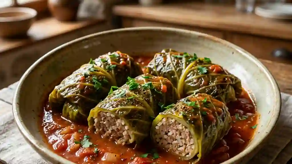 Chou farci fondant au porc et sauce tomate - Photo de présentation
