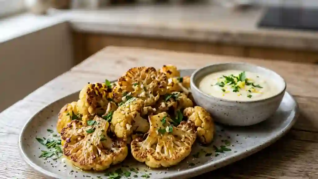 Chou-fleur rôti croustillant et crème citronnée - Photo de présentation