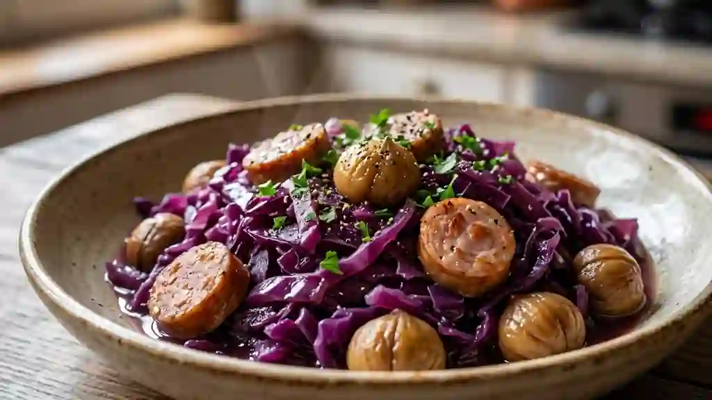 Chou rouge braisé, saucisses et marrons fondants - Photo de présentation