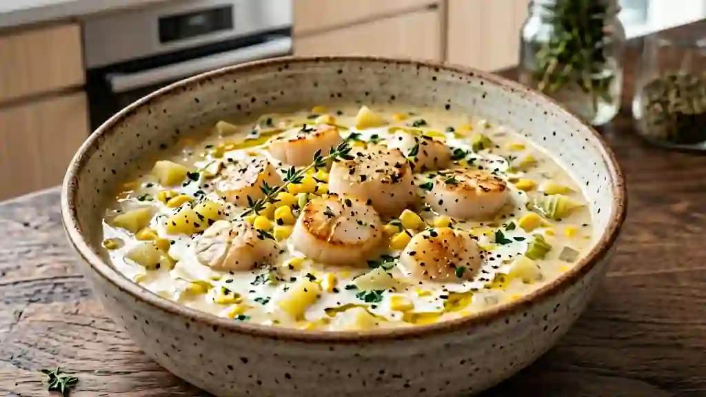 Chowder onctueux maïs et pétoncles nacrés - Photo de présentation