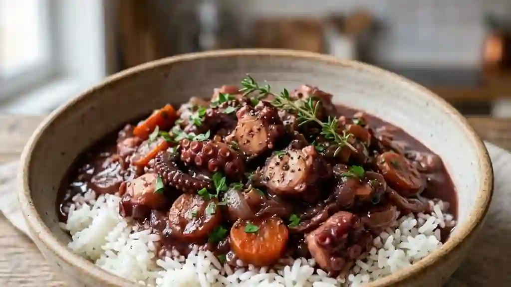 Civet de poulpe fondant au vin rouge - Photo de présentation
