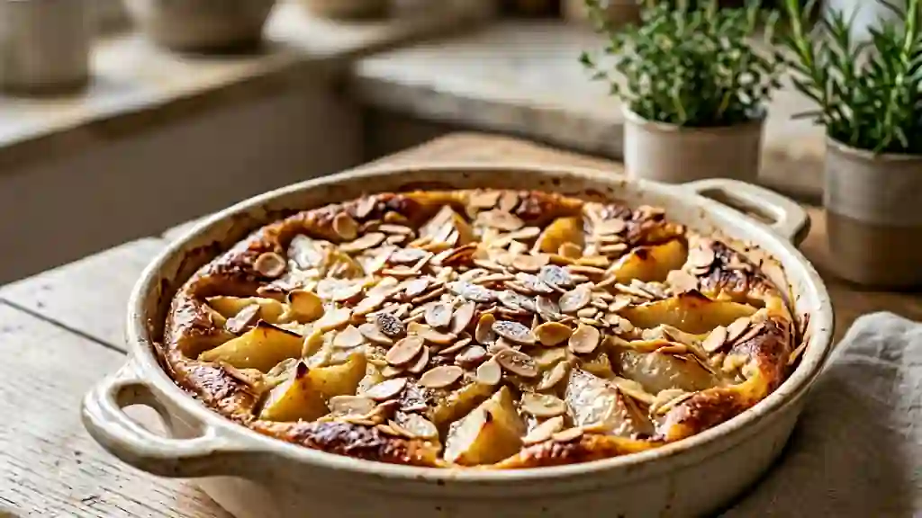 Clafoutis fondant poire, miel et amandes grillées - Photo de présentation