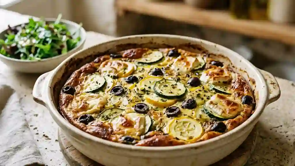 Clafoutis fondant courgette, chèvre et olives - Photo de présentation