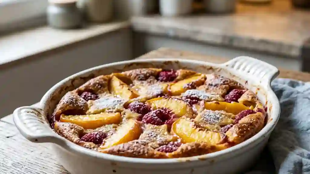Clafoutis onctueux pêches et framboises acidulées - Photo de présentation