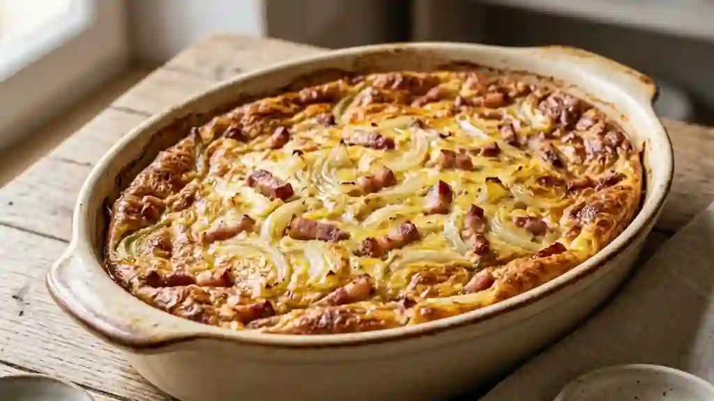 Clafoutis fondant aux oignons et lardons fumés - Photo de présentation