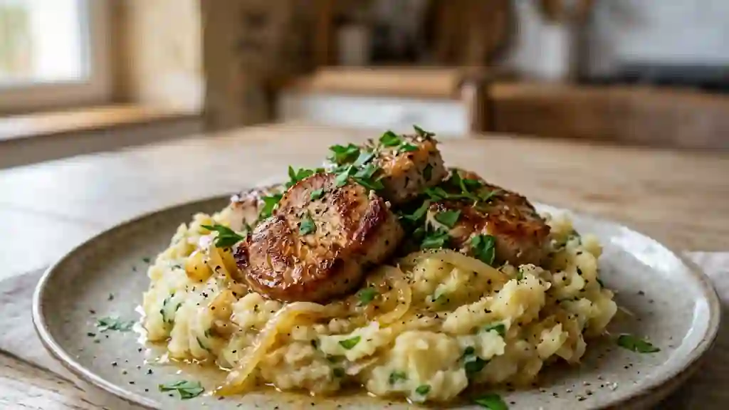 Clopinettes de porc dorées et écrasé rustique - Photo de présentation