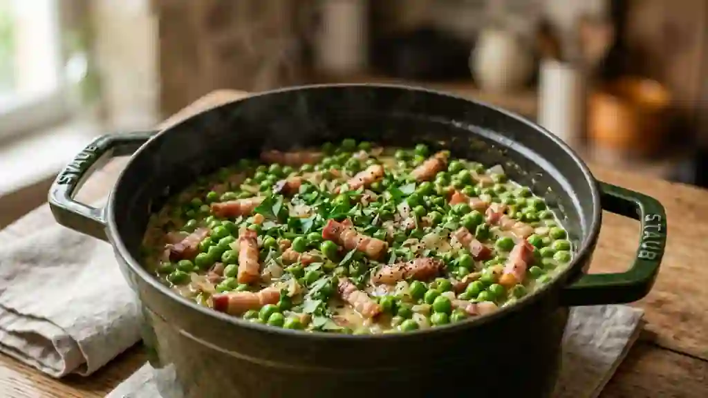 Cocotte de petits pois crémeuse aux lardons - Photo de présentation
