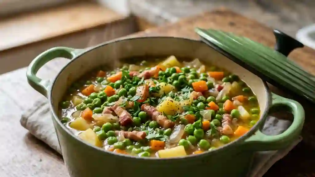 Cocotte de petits pois fondants aux lardons - Photo de présentation