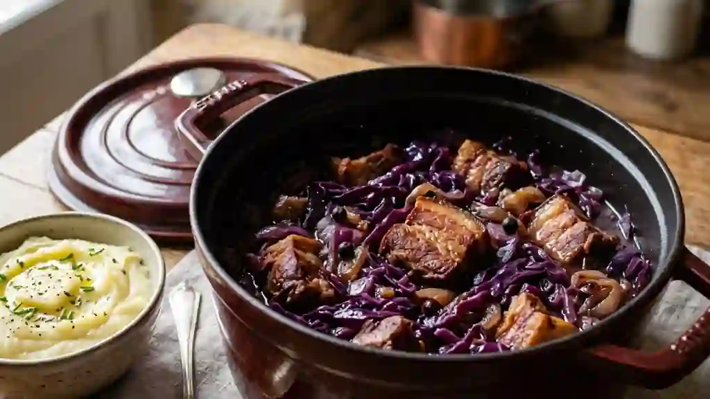 Mijoté de chou rouge fondant et porc fumé - Photo de présentation