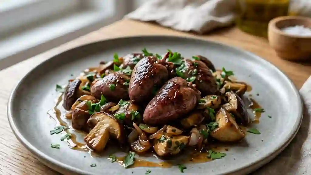 Cœurs de canard saisis aux cèpes persillés - Photo de présentation