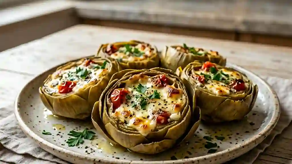 Cœurs d'artichauts saganaki gratinés à la feta - Photo de présentation